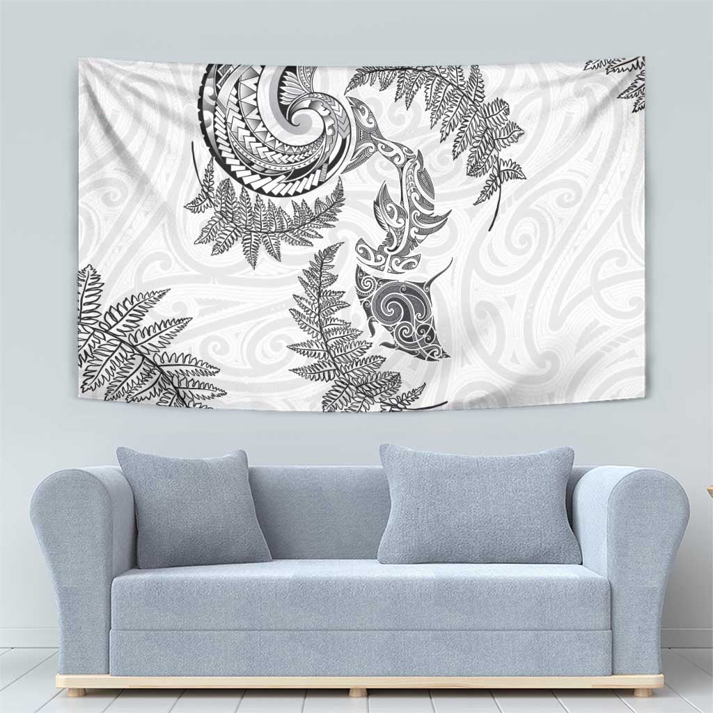New Zealand Sea Animals with Maori Tribal Tattoo Tapestry Shark Manta Ray with Silver Fern White