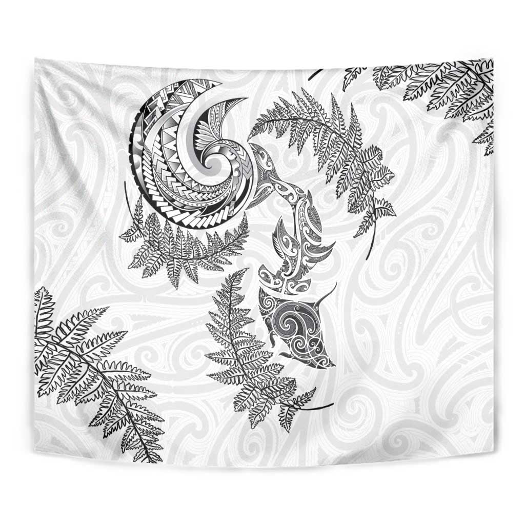 New Zealand Sea Animals with Maori Tribal Tattoo Tapestry Shark Manta Ray with Silver Fern White