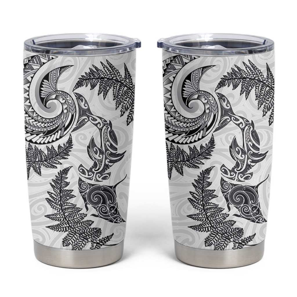New Zealand Sea Animals with Maori Tribal Tattoo Tumbler Cup Shark Manta Ray with Silver Fern White LT03 White - Polynesian Pride
