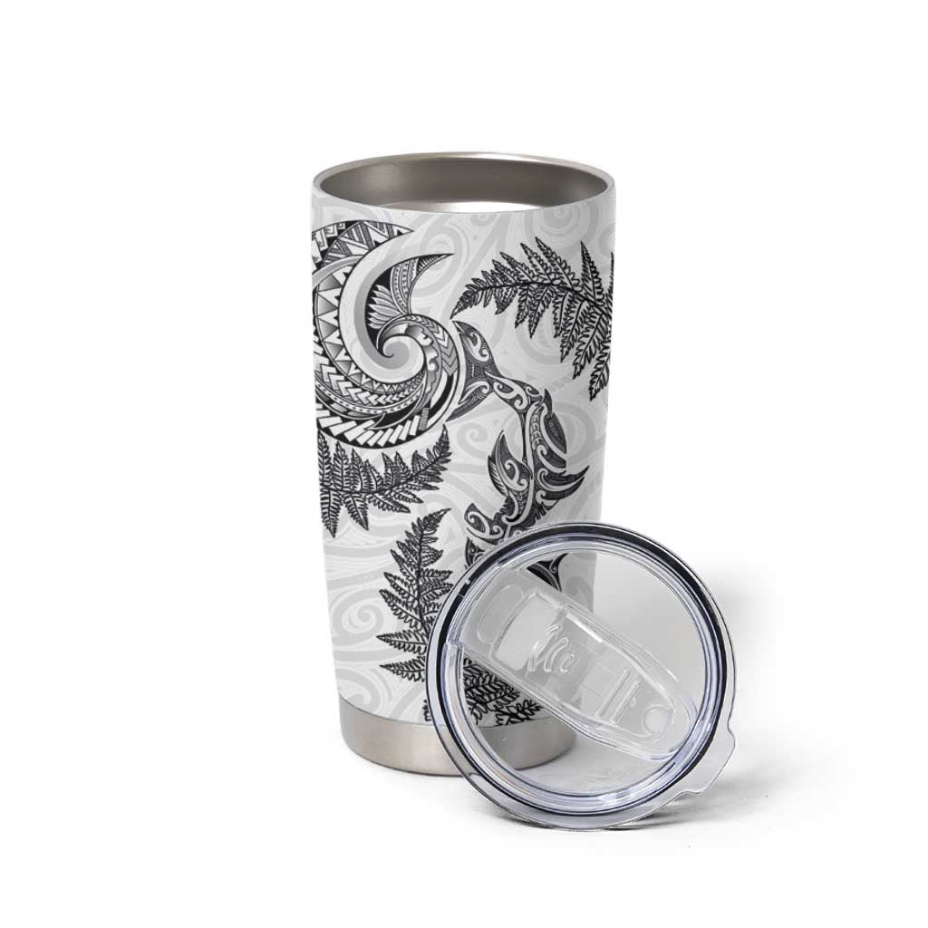 New Zealand Sea Animals with Maori Tribal Tattoo Tumbler Cup Shark Manta Ray with Silver Fern White