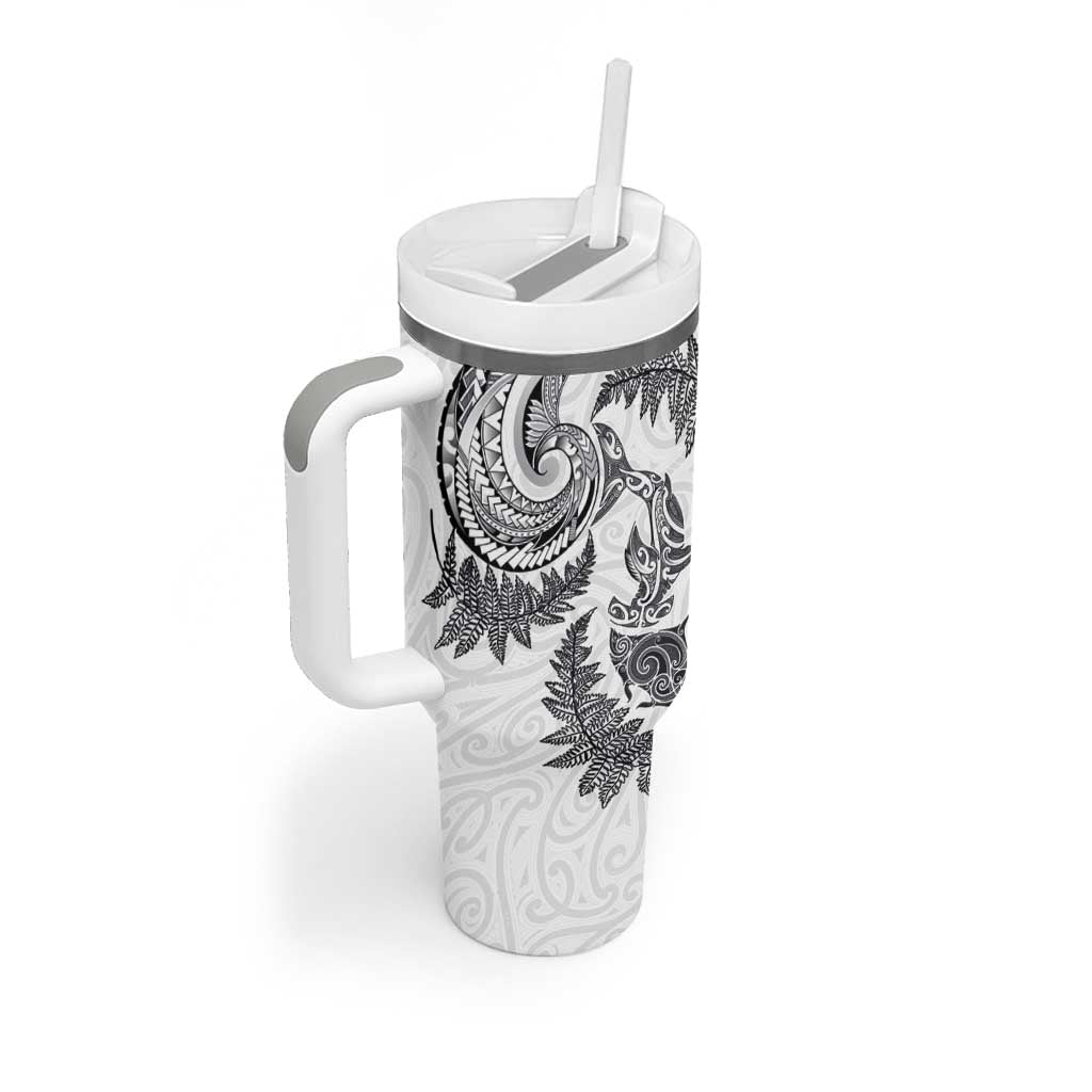 New Zealand Sea Animals with Maori Tribal Tattoo Tumbler With Handle Shark Manta Ray with Silver Fern White