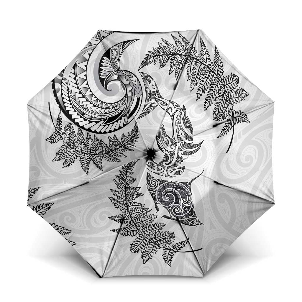New Zealand Sea Animals with Maori Tribal Tattoo Umbrella Shark Manta Ray with Silver Fern White