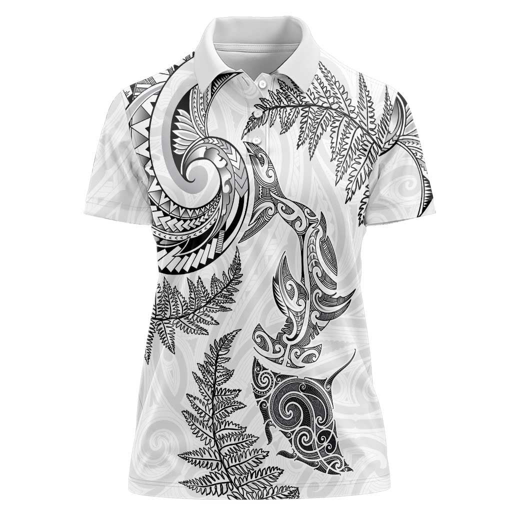 New Zealand Sea Animals with Maori Tribal Tattoo Women Polo Shirt Shark Manta Ray with Silver Fern White