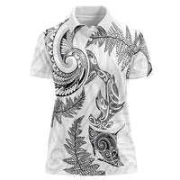 New Zealand Sea Animals with Maori Tribal Tattoo Women Polo Shirt Shark Manta Ray with Silver Fern White