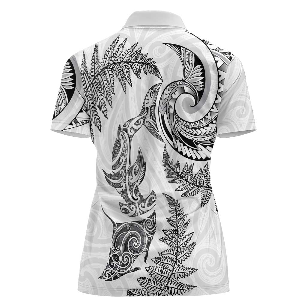 New Zealand Sea Animals with Maori Tribal Tattoo Women Polo Shirt Shark Manta Ray with Silver Fern White