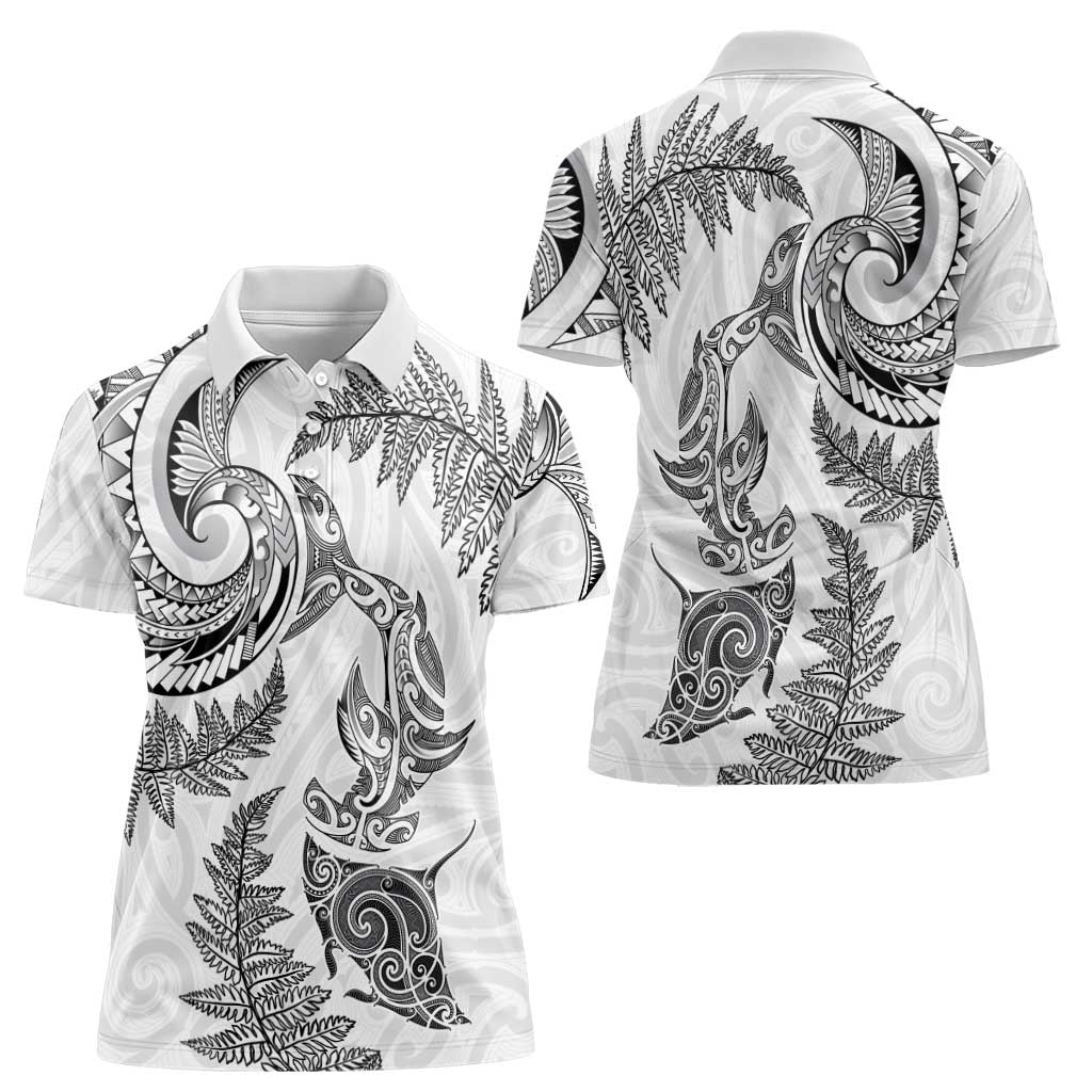 New Zealand Sea Animals with Maori Tribal Tattoo Women Polo Shirt Shark Manta Ray with Silver Fern White