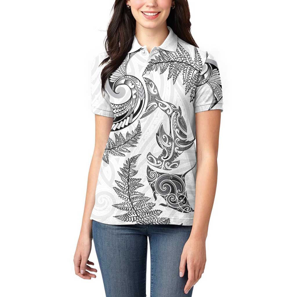 New Zealand Sea Animals with Maori Tribal Tattoo Women Polo Shirt Shark Manta Ray with Silver Fern White