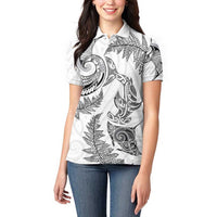 New Zealand Sea Animals with Maori Tribal Tattoo Women Polo Shirt Shark Manta Ray with Silver Fern White