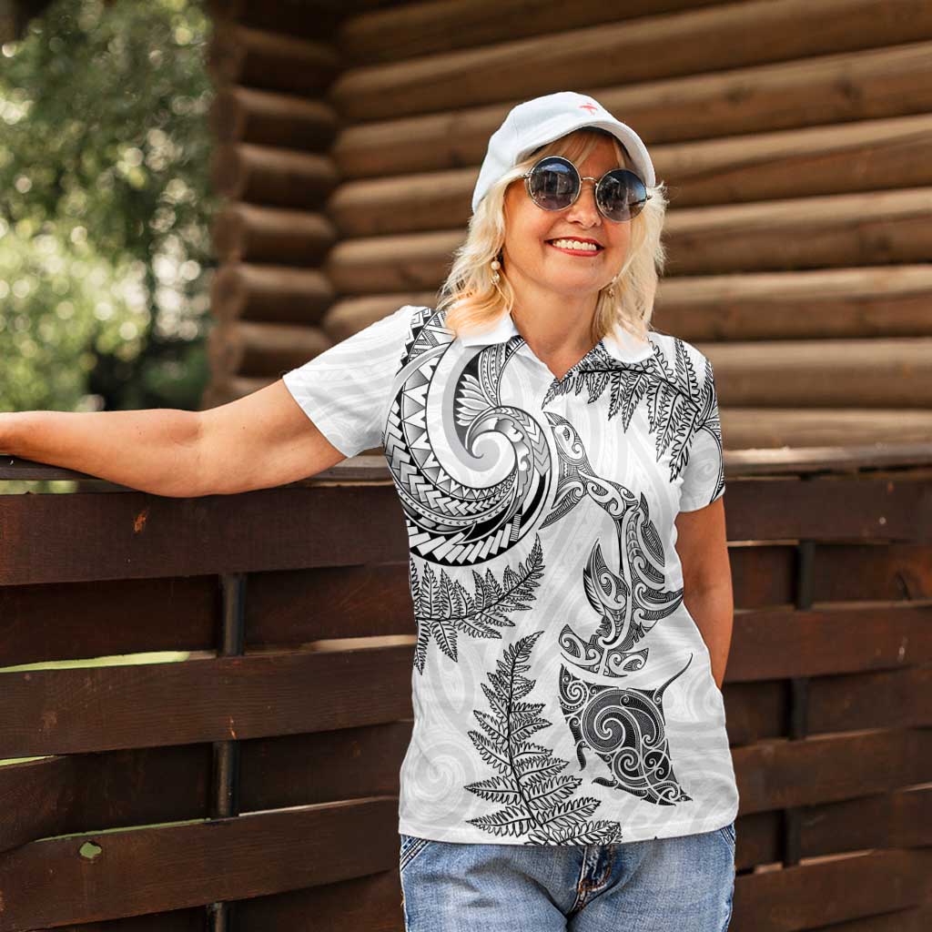 New Zealand Sea Animals with Maori Tribal Tattoo Women Polo Shirt Shark Manta Ray with Silver Fern White