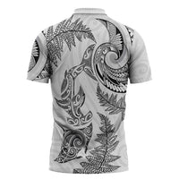 New Zealand Sea Animals with Maori Tribal Tattoo Zipper Polo Shirt Shark Manta Ray with Silver Fern White