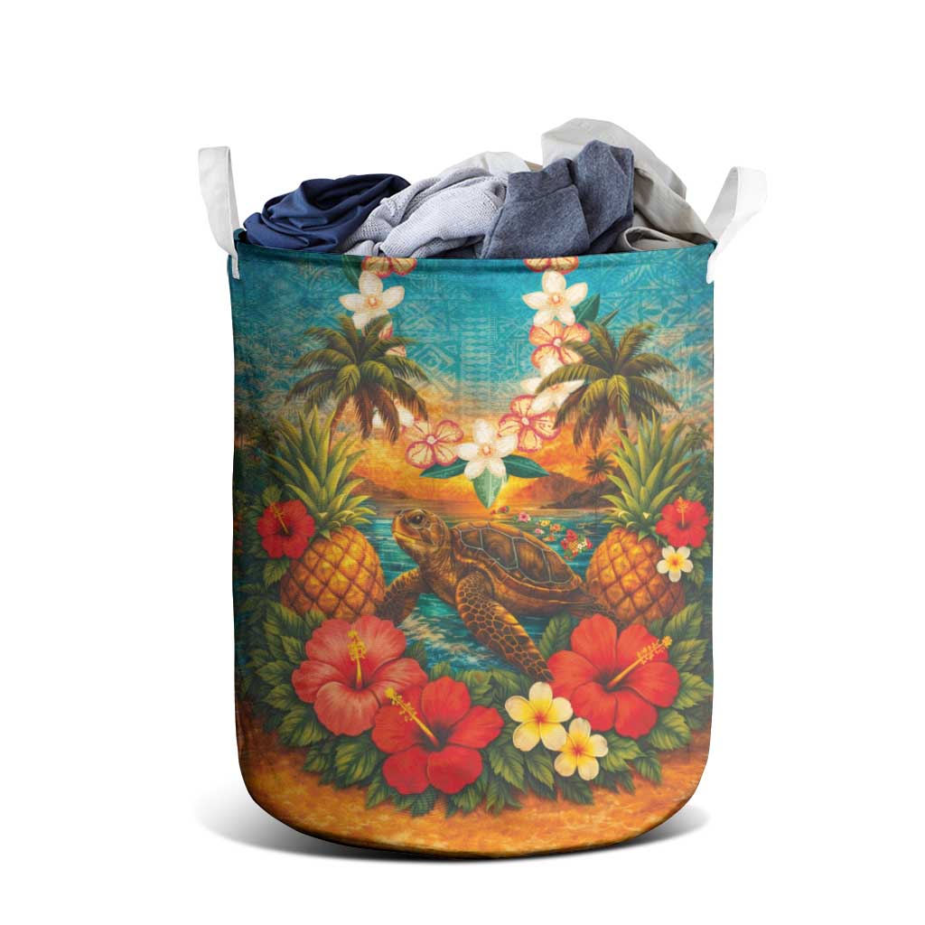 Hawaiian Turtles on Beach Laundry Basket with Pineapple Tropical Plant and Lei LT03 - Polynesian Pride