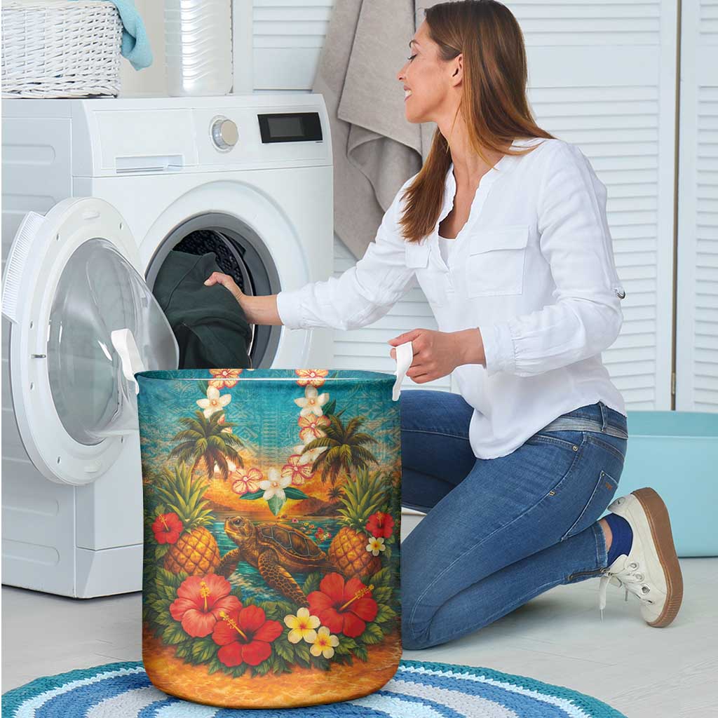 Hawaiian Turtles on Beach Laundry Basket with Pineapple Tropical Plant and Lei LT03 - Polynesian Pride