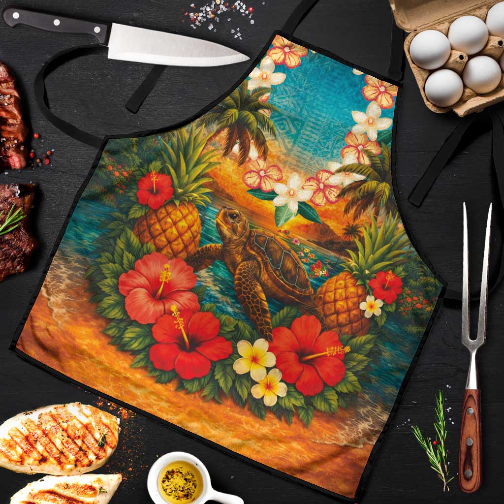 Hawaiian Turtles on Beach Apron with Pineapple Tropical Plant and Lei LT03 Multicolor - Polynesian Pride
