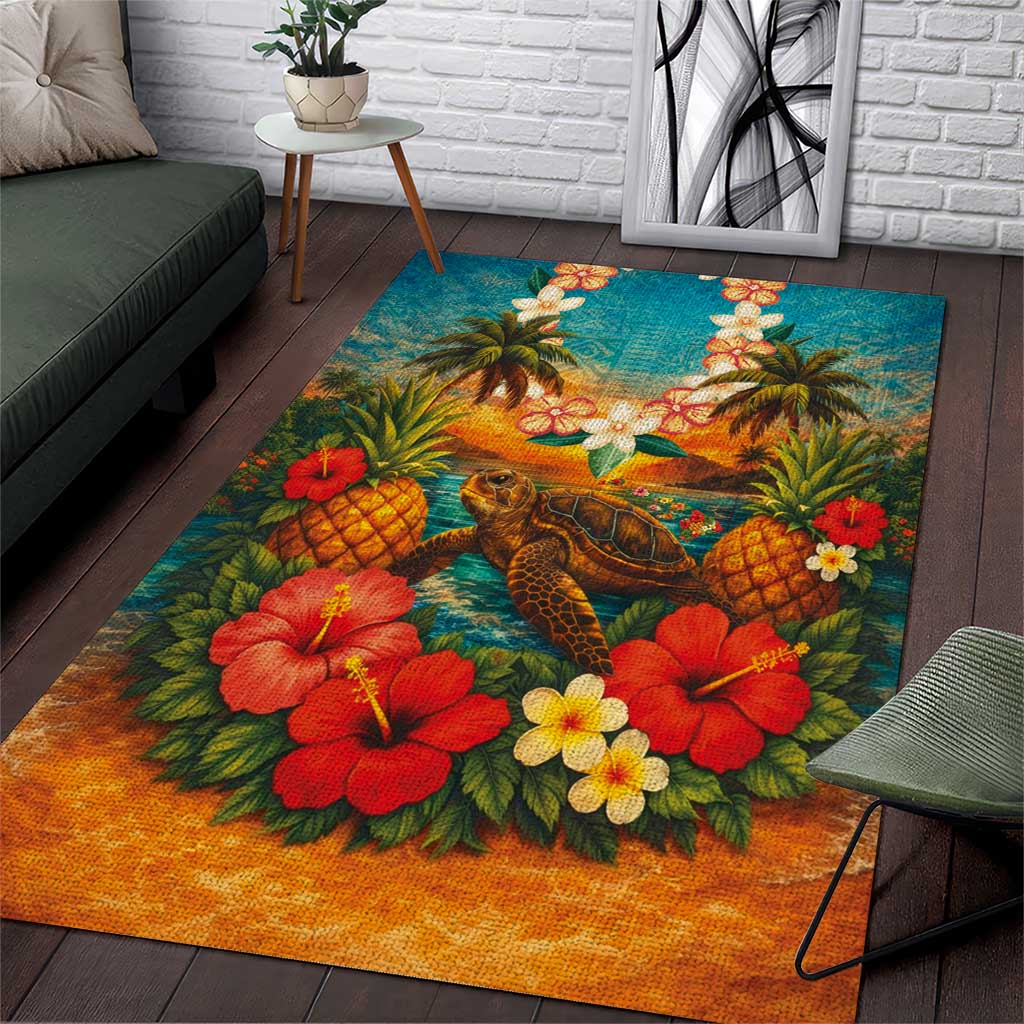 Hawaiian Turtles on Beach Area Rug with Pineapple Tropical Plant and Lei