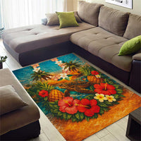 Hawaiian Turtles on Beach Area Rug with Pineapple Tropical Plant and Lei