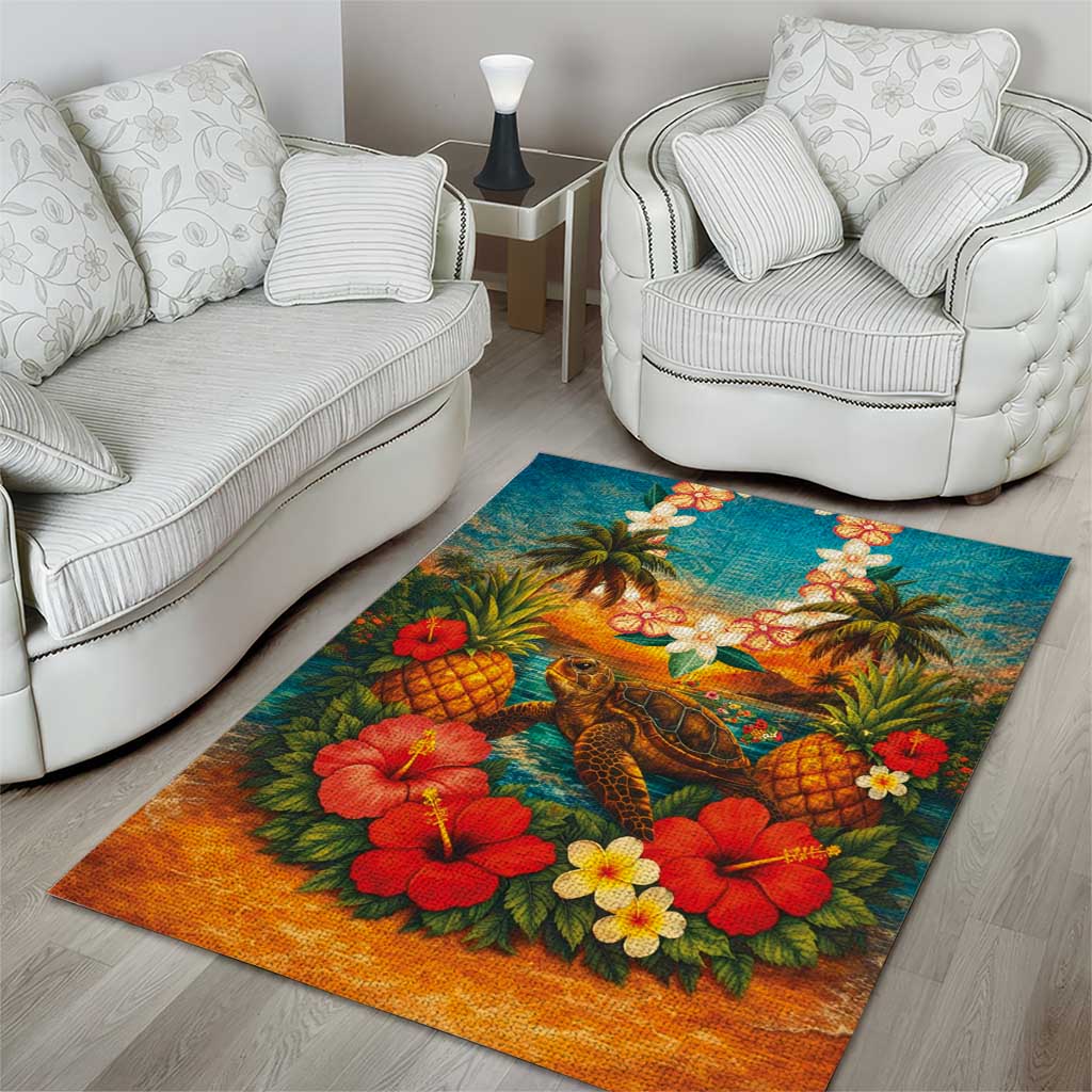 Hawaiian Turtles on Beach Area Rug with Pineapple Tropical Plant and Lei