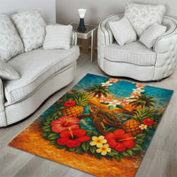 Hawaiian Turtles on Beach Area Rug with Pineapple Tropical Plant and Lei