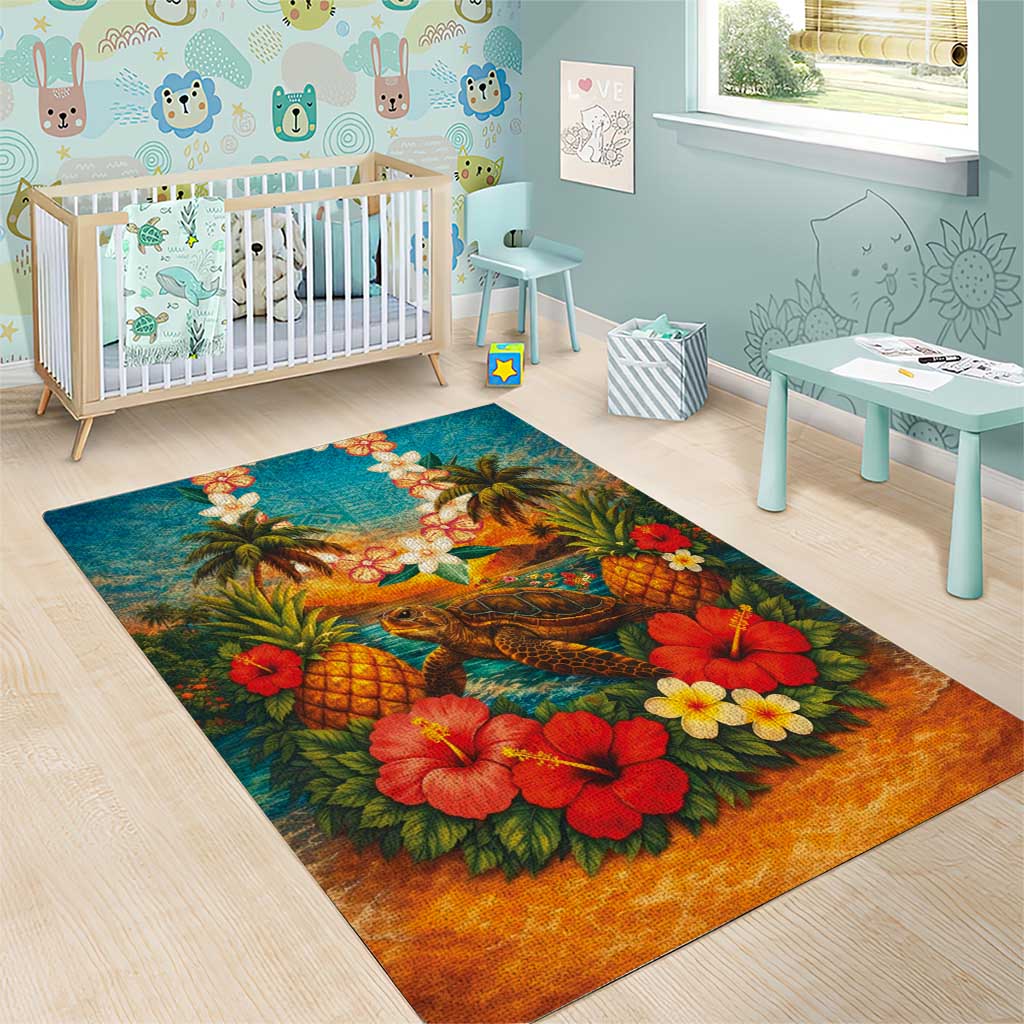 Hawaiian Turtles on Beach Area Rug with Pineapple Tropical Plant and Lei
