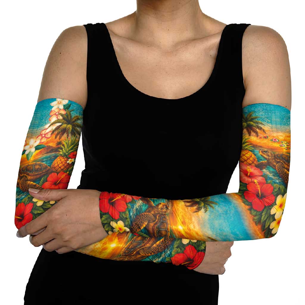 Hawaiian Turtles on Beach Arm Sleeves with Pineapple Tropical Plant and Lei LT03 - Polynesian Pride