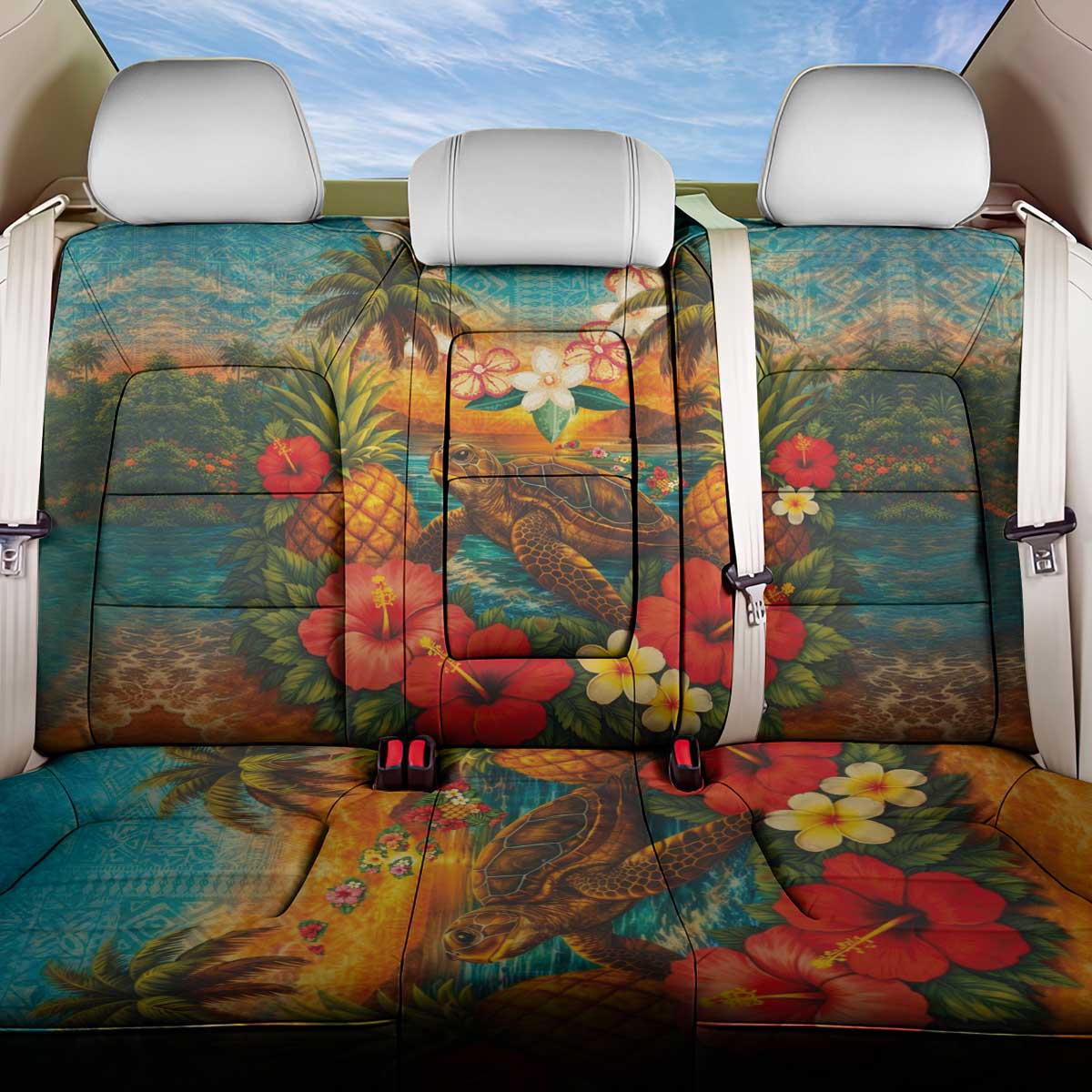 Hawaiian Turtles on Beach Back Car Seat Cover with Pineapple Tropical Plant and Lei