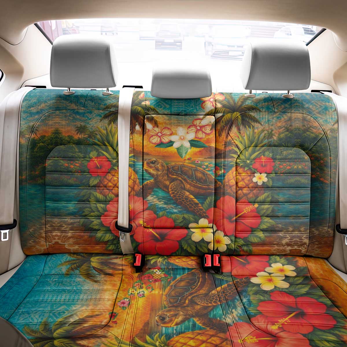 Hawaiian Turtles on Beach Back Car Seat Cover with Pineapple Tropical Plant and Lei