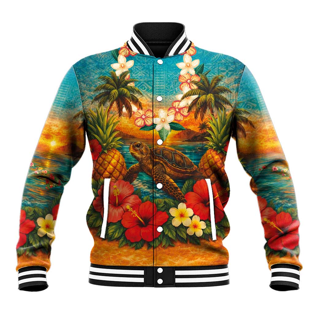 Hawaiian Turtles on Beach Baseball Jacket with Pineapple Tropical Plant and Lei LT03 Unisex Multicolor - Polynesian Pride