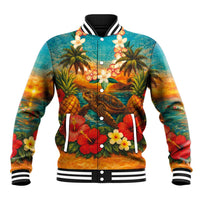 Hawaiian Turtles on Beach Baseball Jacket with Pineapple Tropical Plant and Lei LT03 Unisex Multicolor - Polynesian Pride