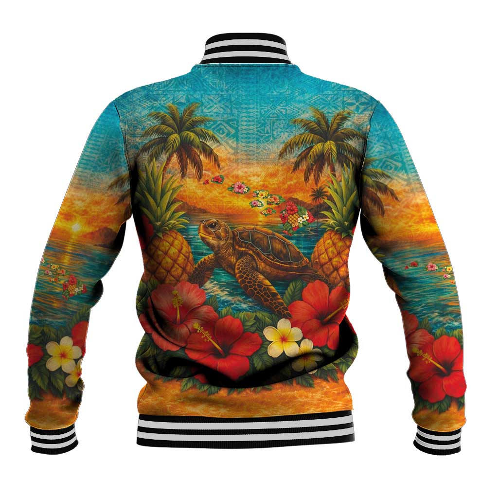 Hawaiian Turtles on Beach Baseball Jacket with Pineapple Tropical Plant and Lei LT03 - Polynesian Pride