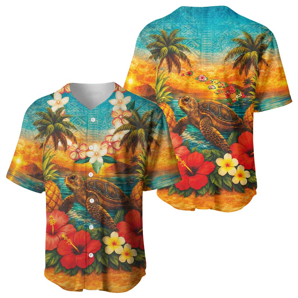 Hawaiian Turtles on Beach Baseball Jersey with Pineapple Tropical Plant and Lei LT03 - Polynesian Pride