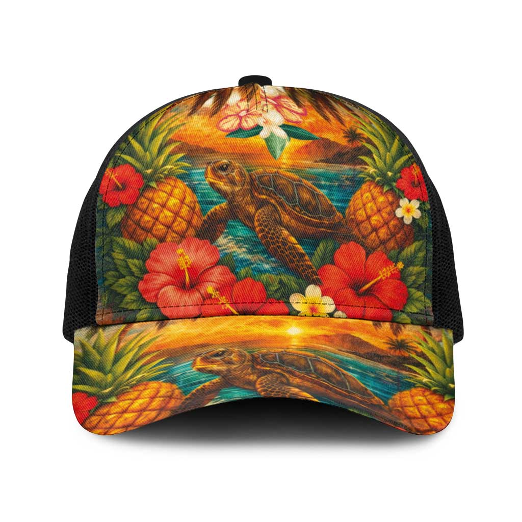 Hawaiian Turtles on Beach Baseball Net Cap with Pineapple Tropical Plant and Lei LT03 One Size Black Multicolor - Polynesian Pride