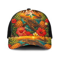 Hawaiian Turtles on Beach Baseball Net Cap with Pineapple Tropical Plant and Lei LT03 One Size Black Multicolor - Polynesian Pride