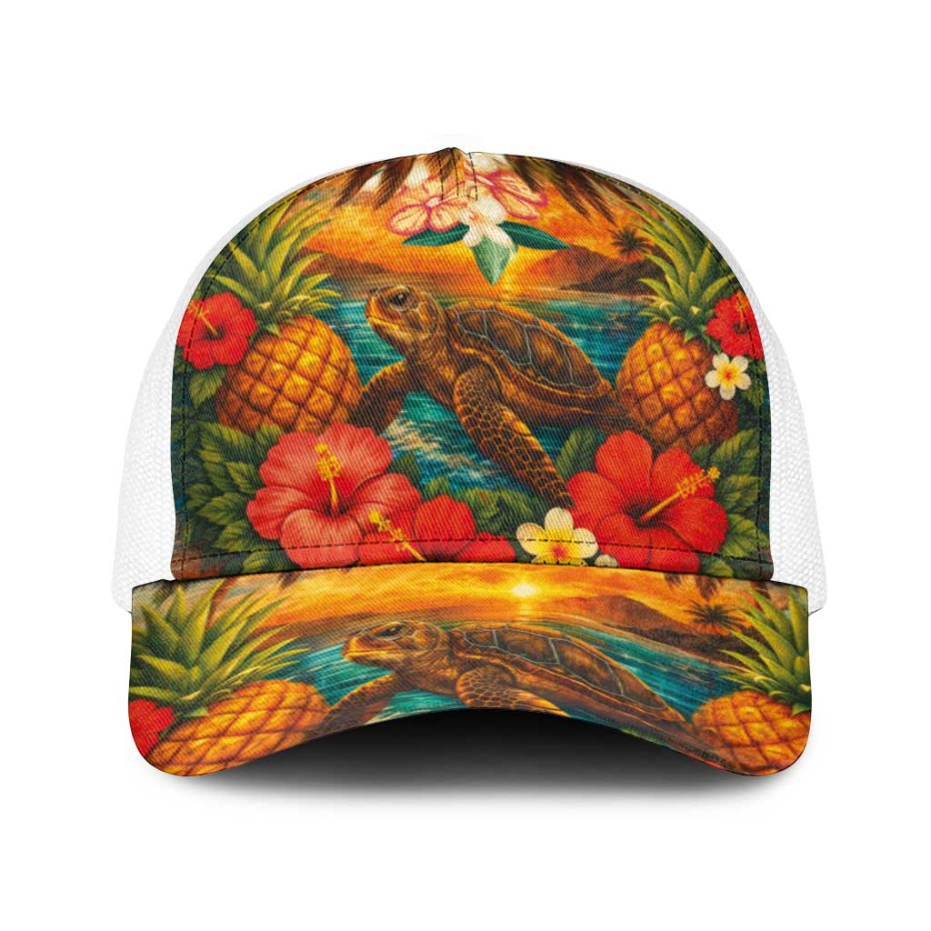 Hawaiian Turtles on Beach Baseball Net Cap with Pineapple Tropical Plant and Lei LT03 One Size White Multicolor - Polynesian Pride