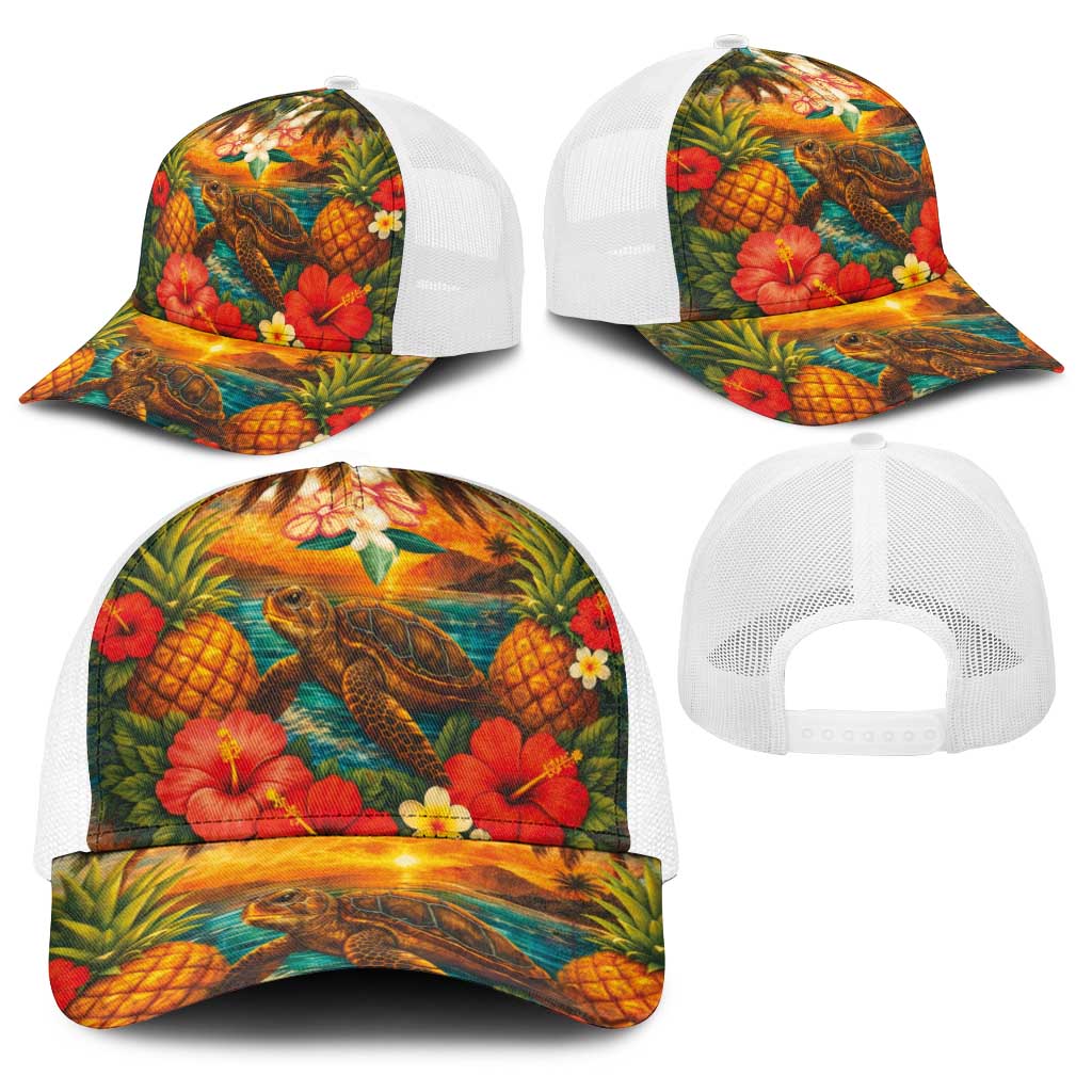 Hawaiian Turtles on Beach Baseball Net Cap with Pineapple Tropical Plant and Lei LT03 - Polynesian Pride