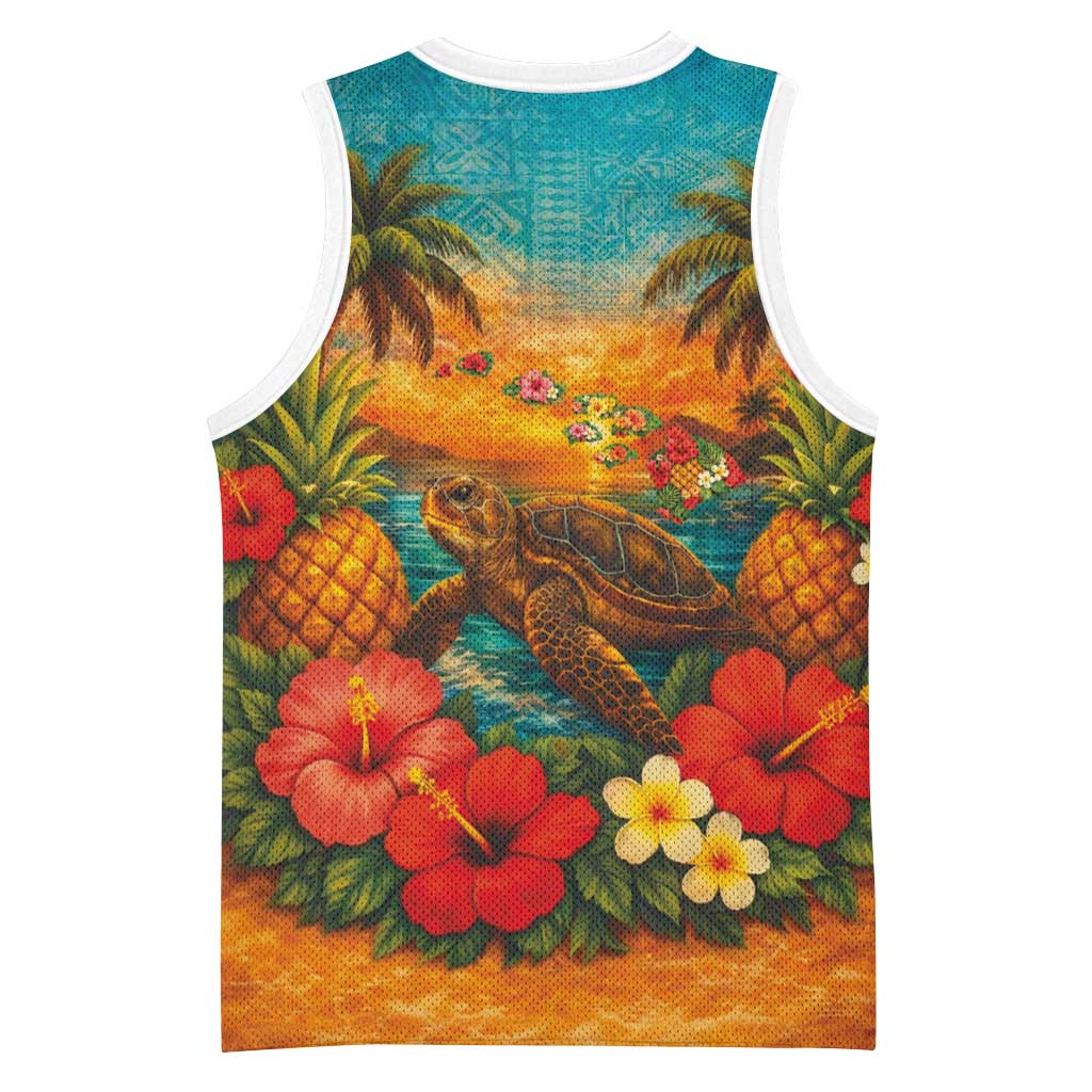 Hawaiian Turtles on Beach Basketball Jersey with Pineapple Tropical Plant and Lei LT03 - Polynesian Pride