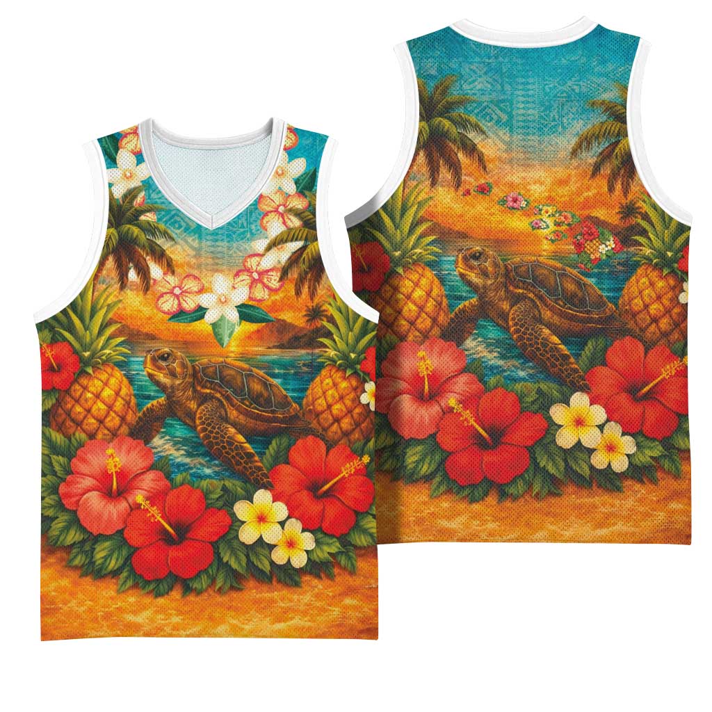 Hawaiian Turtles on Beach Basketball Jersey with Pineapple Tropical Plant and Lei LT03 - Polynesian Pride