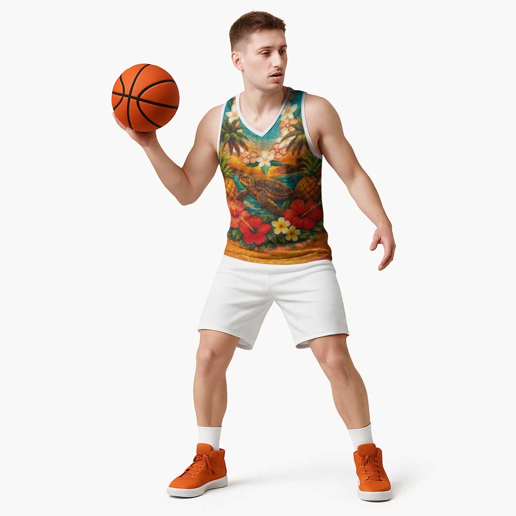 Hawaiian Turtles on Beach Basketball Jersey with Pineapple Tropical Plant and Lei LT03 - Polynesian Pride