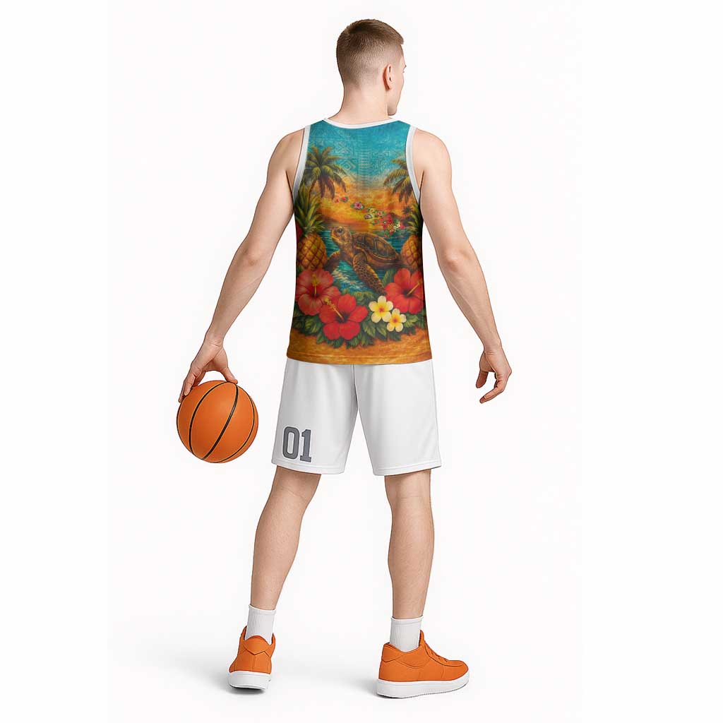 Hawaiian Turtles on Beach Basketball Jersey with Pineapple Tropical Plant and Lei LT03 - Polynesian Pride
