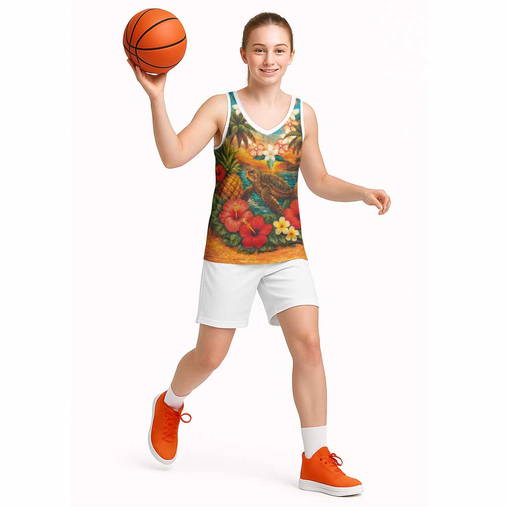 Hawaiian Turtles on Beach Basketball Jersey with Pineapple Tropical Plant and Lei LT03 - Polynesian Pride