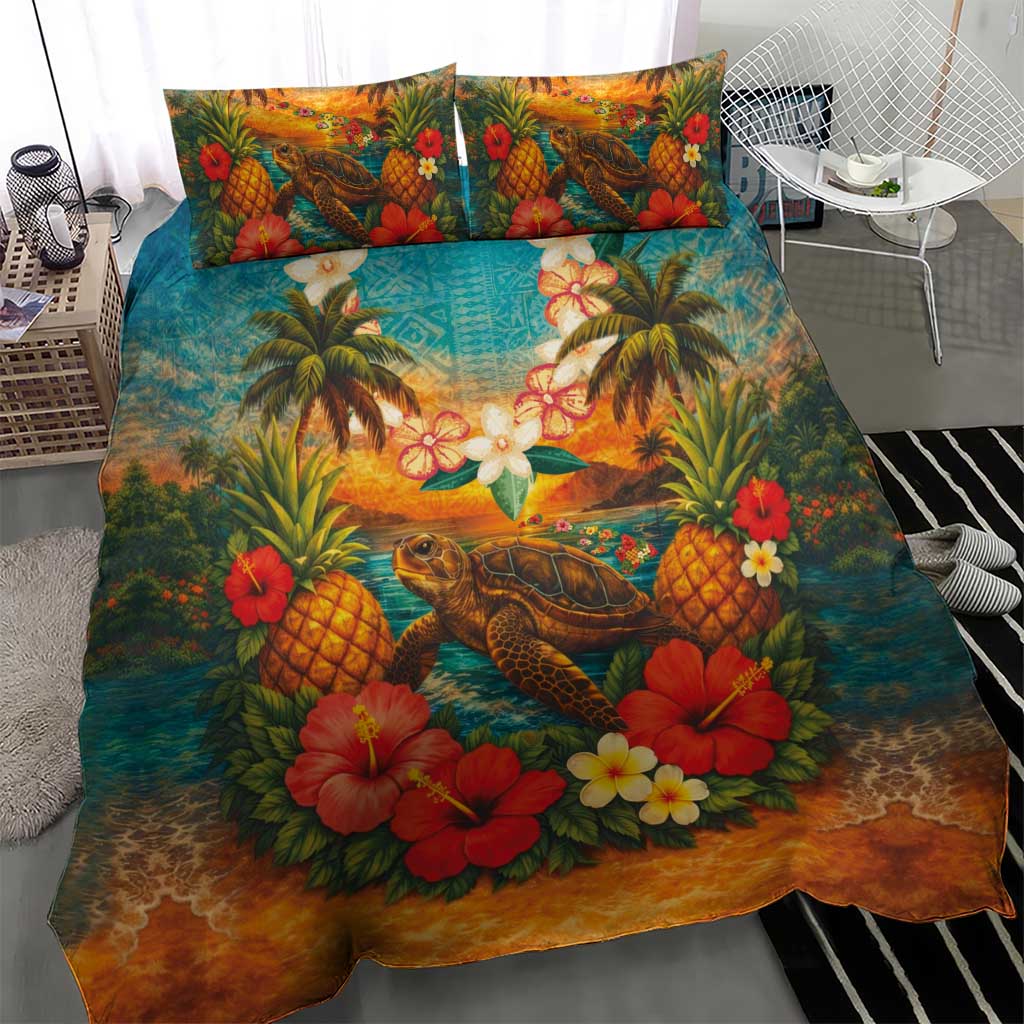 Hawaiian Turtles on Beach Bedding Set with Pineapple Tropical Plant and Lei LT03 - Polynesian Pride