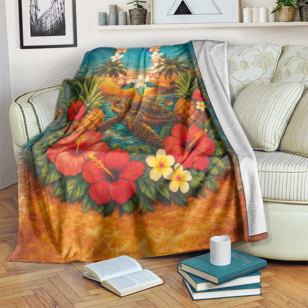 Hawaiian Turtles on Beach Blanket with Pineapple Tropical Plant and Lei