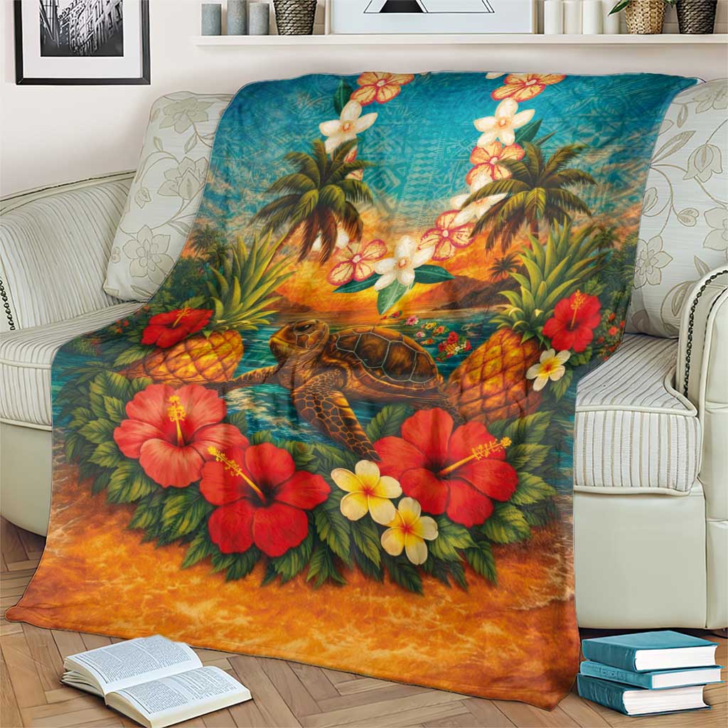 Hawaiian Turtles on Beach Blanket with Pineapple Tropical Plant and Lei LT03 - Polynesian Pride