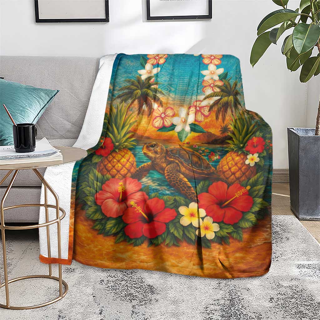 Hawaiian Turtles on Beach Blanket with Pineapple Tropical Plant and Lei LT03 - Polynesian Pride
