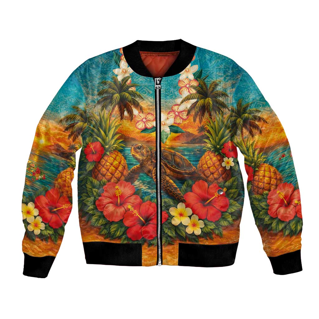 Hawaiian Turtles on Beach Bomber Jacket with Pineapple Tropical Plant and Lei LT03 Unisex Multicolor - Polynesian Pride