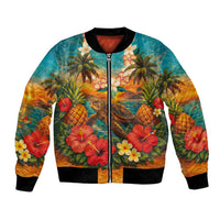Hawaiian Turtles on Beach Bomber Jacket with Pineapple Tropical Plant and Lei LT03 Unisex Multicolor - Polynesian Pride