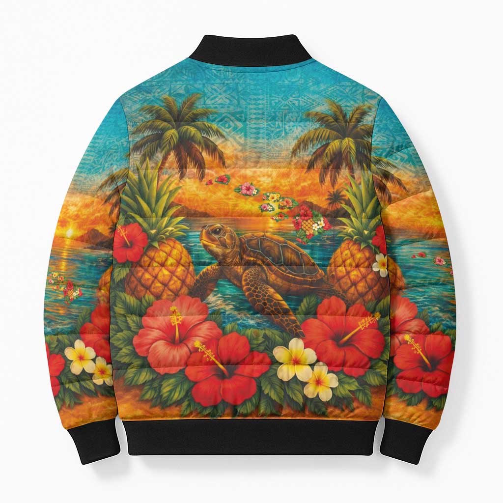 Hawaiian Turtles on Beach Bomber Puffer Jacket with Pineapple Tropical Plant and Lei LT03 - Polynesian Pride