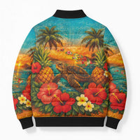 Hawaiian Turtles on Beach Bomber Puffer Jacket with Pineapple Tropical Plant and Lei LT03 - Polynesian Pride