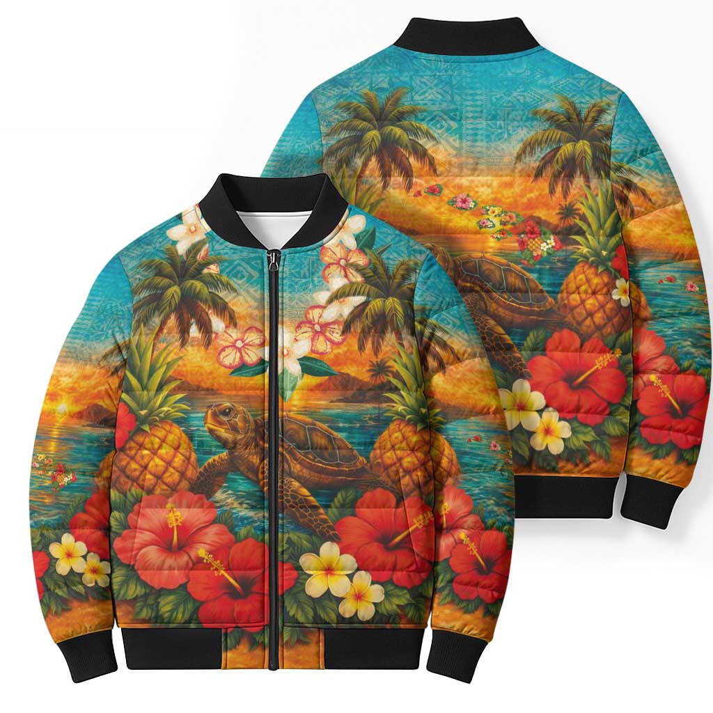 Hawaiian Turtles on Beach Bomber Puffer Jacket with Pineapple Tropical Plant and Lei LT03 - Polynesian Pride