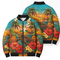 Hawaiian Turtles on Beach Bomber Puffer Jacket with Pineapple Tropical Plant and Lei LT03 - Polynesian Pride