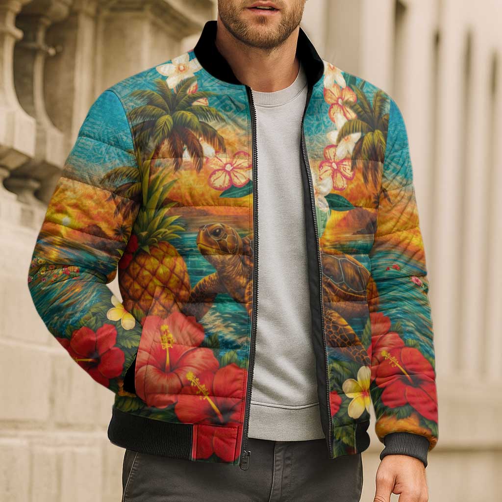 Hawaiian Turtles on Beach Bomber Puffer Jacket with Pineapple Tropical Plant and Lei LT03 - Polynesian Pride