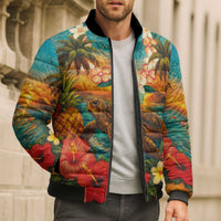 Hawaiian Turtles on Beach Bomber Puffer Jacket with Pineapple Tropical Plant and Lei LT03 - Polynesian Pride
